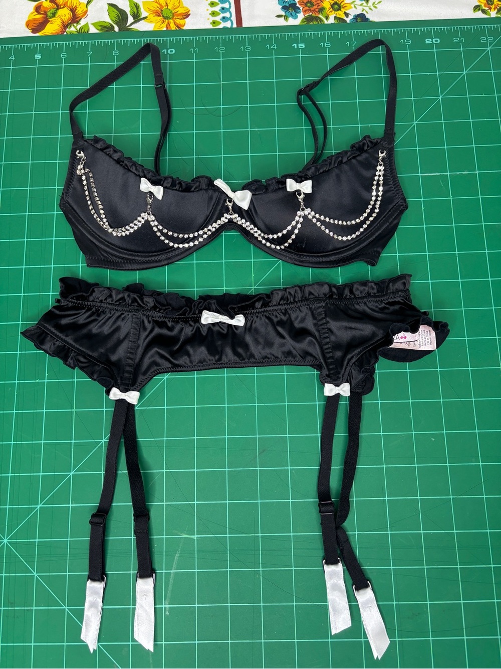 La SENZA Black Satin Bra & Garter Set with White Bows & Rhinestone Drapes